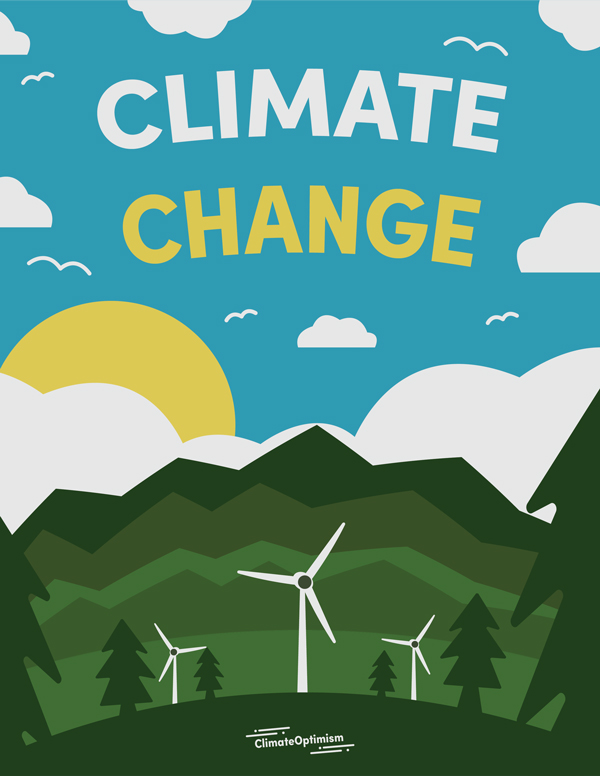 A poster displaying nature, including trees, mountains, and wind turbines.