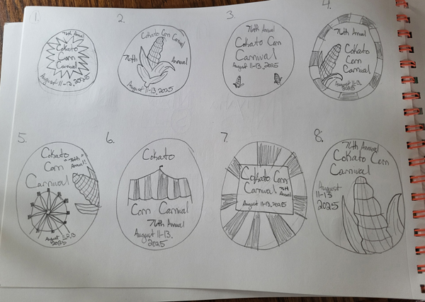 Sketches depicting a carnival with corn cobs, ferris wheels, and graphics.