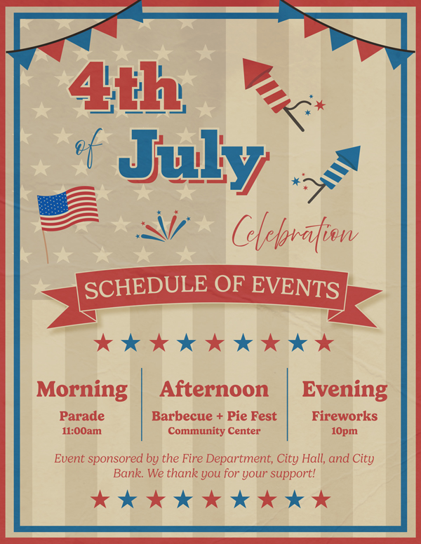 A decorative, colorful, vintage styled July 4th poster displaying events.