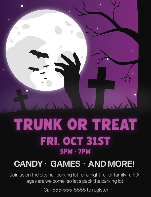 A decorative, colorful poster displaying events for a Halloween event.