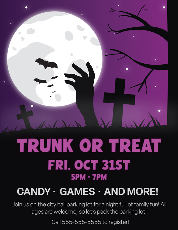 A decorative, colorful poster displaying events for a Halloween event.